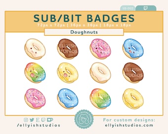 Könnte beinhalten: Ein Set mit 12 digitalen Abzeichen mit niedlichen Cartoon-Donuts in verschiedenen Farben und Designs. Die Abzeichen sind in drei Größen erhältlich: 72x72 Pixel, 36x36 Pixel und 18x18 Pixel. Der Text "SUB/BIT BADGES" und "Doughnuts" wird oben im Bild angezeigt.