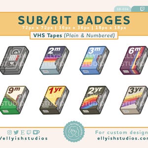 May include: Collection of VHS tape designs for sub/bit badges. The image features eight different VHS tape designs, including plain and numbered versions. The tapes are in various colors and feature the text "2m", "3m", "6m", "9m", "1yr", "2yr", and "3yr".