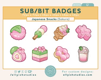 8 Japanese Snacks Sakura Blossom Sub Badges | Pink Food Treats Dessert Cute | Mochi Ice cream Dango Dumpling | Streamer Aesthetic P2U Twitch