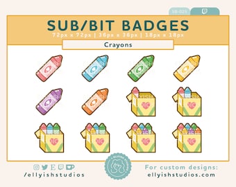 12 Cute Wax Crayon Box Twitch Sub Badges | Creative Art Kidcore | Artist Color Pencil Box | Cheer Bit Subscribe | Aesthetic Gamer Streamer