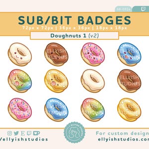 May include: Nine different donut badges with various colors and designs. Each donut has a cute face and sprinkles. The badges are 72 pixels by 72 pixels, 36 pixels by 36 pixels, and 18 pixels by 18 pixels.