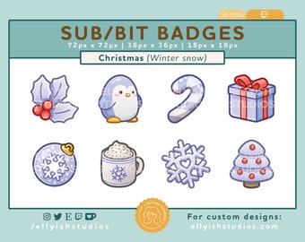8 Christmas Festive Snow Winter Twitch Sub Badges Set | Holly Hot Chocolate Tree Christmas | Cheer Bits | Subscribe | Festive Streamer
