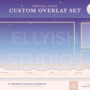 May include: A set of 31 customizable Twitch overlay elements featuring a purple and blue gradient background with white stars and a gold frame. The overlays include sections for chat, subscriber, follower, bits, and donation.