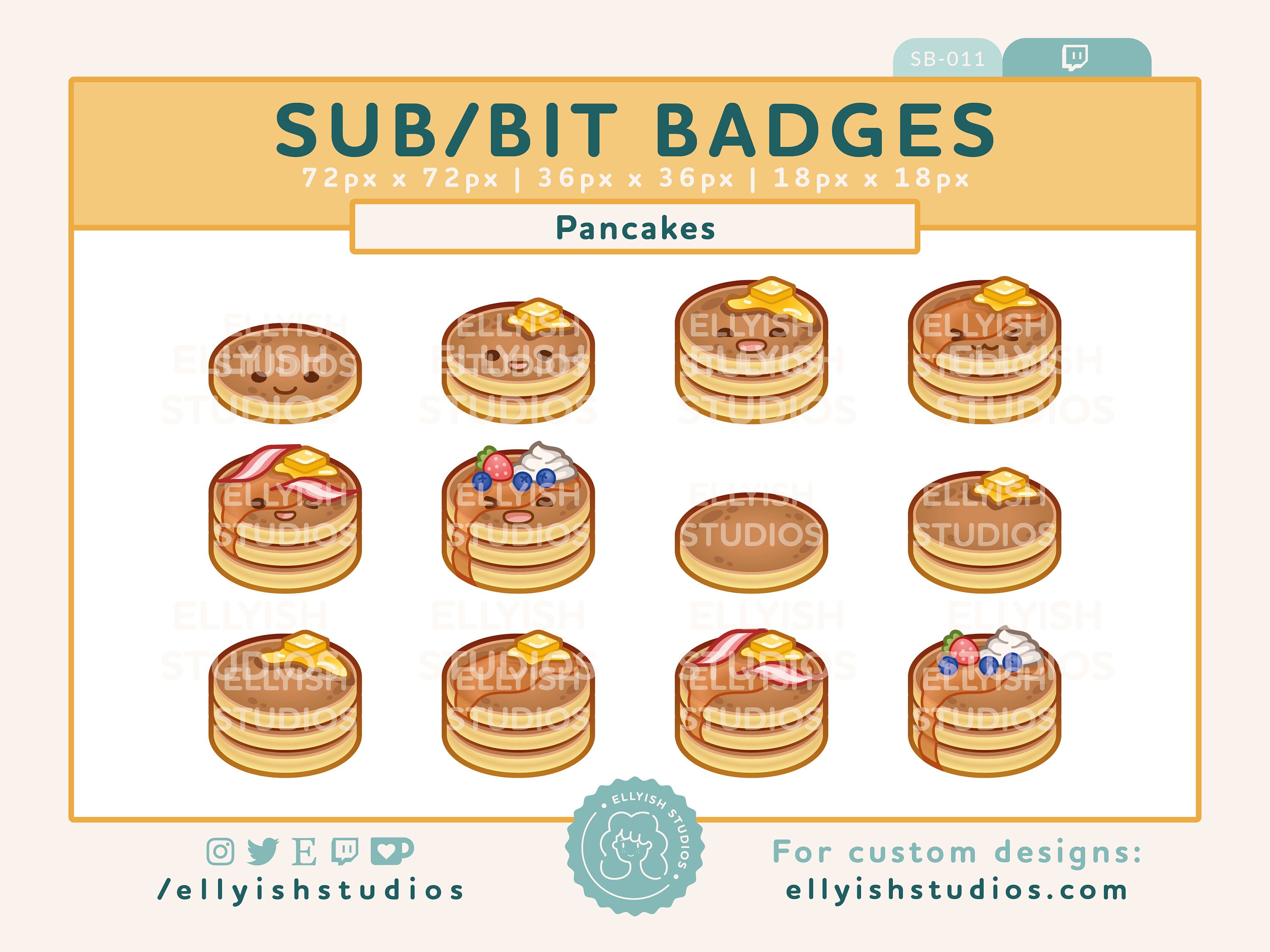 Cute Pancakes Twitch Sub Badges | Set of 6 with 2 versions Faces & Plain | Bit Badge | Kawaii | Streamer | Digital Download