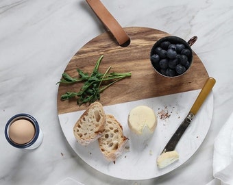 Marble+Acacia Wood Serving Board with Leather handle+Charcuterie Board+Cheese Board+Cheese Plate+10" Round +Box of 5 Laser Engravable Blanks