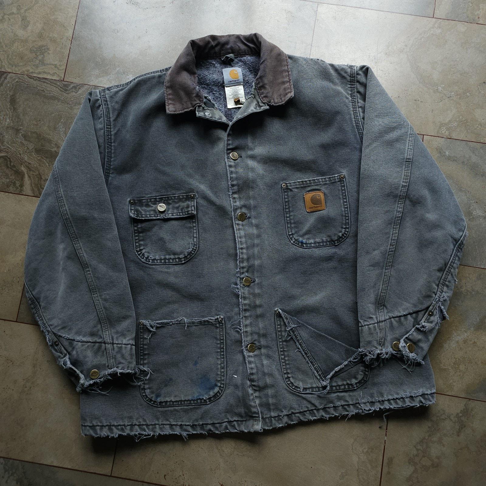 Vintage Carhartt CO2PTL Faded Distressed Grey Chore Jacket Blanket Lined XL Reg