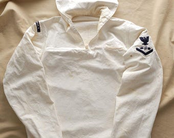 トップス us navy white sailor shirt 1960 Original Italian Army Navy Middy Shirt Long Sleeves White