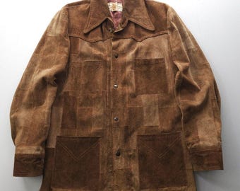 Vintage 1970er Jahre Kantex Leathers Split Rinds-Velour-Ziegelstein-Patchwork Jacke 40 Lang