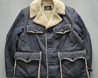 Vintage 1970er Jahre Sears Sportswear Denim Sherpa-gefütterte Mantel-Jacke 40 Regular