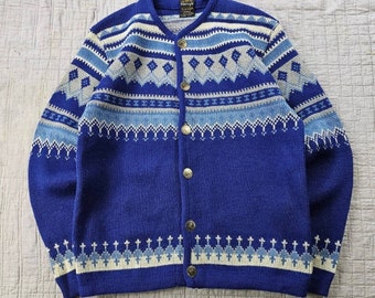 Vintage 1970s Norvyk By Renoir Blue Nordic Virgin Wool Ski Sweater Cardigan M