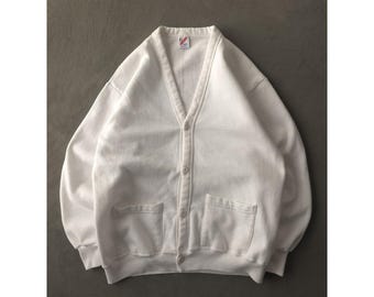Vintage 90s Jerzees White Cotton Blend Cardigan Sweatshirt Made In USA L