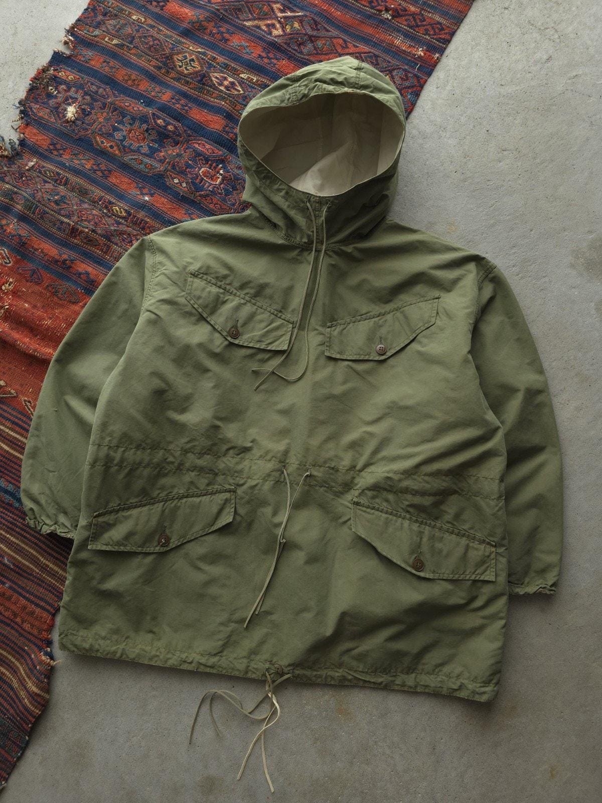 Vintage 1960s French Alpine Smock Jacket Green OD Army Pullover L 