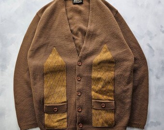 Vintage 1970s Puritan Double Knit Brown Suede Front Acrylic Cardigan Sweater M