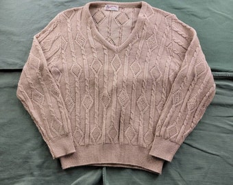 Vintage Peck & Peck Fifth Avenue Beige Cable Knit Wool V-neck Pullover Sweater M