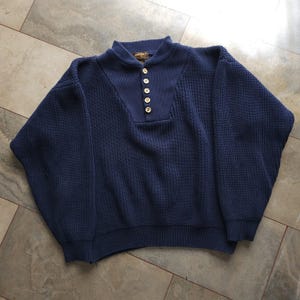 Vintage 90s Eddie Bauer Blue Cotton Knit Henley Sweater Pullover L
