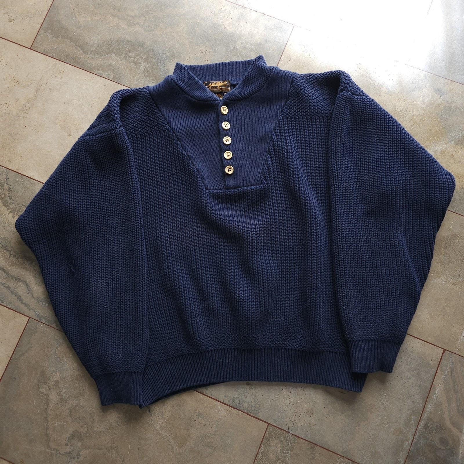 トップス 1990's Eddie Bauer cotton knit sweater L Vintage 90s Eddie Bauer Blue Cotton Knit Henley Sweater Pullover L