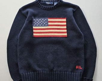 VTG 1980s Polo Ralph Lauren USA Flag Sweater Men's M Cotton Knit Navy Blue Japan