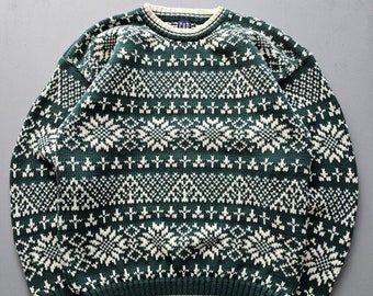 Vintage 90s GAP Cotton Chunky Knit Sweater Crewneck Green White Oversized M