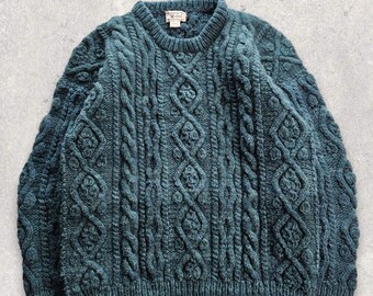 Vintage Mountain Top Woolens Green Cable Knit Sweater Made In Ecuador L Handmade