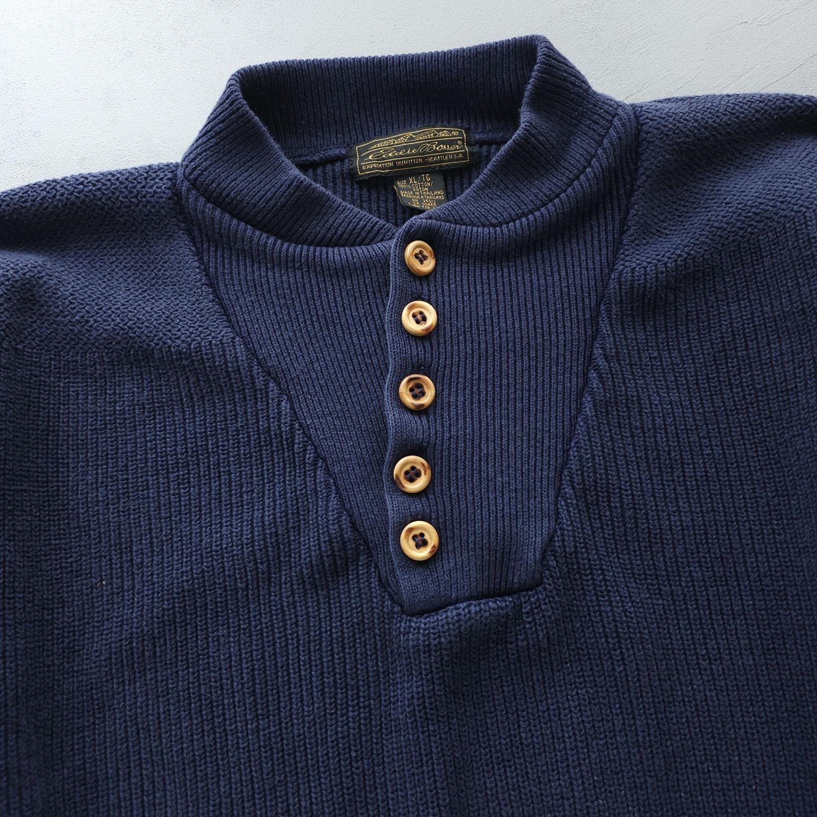 Vintage 90s Eddie Bauer Blue Cotton Knit Henley Sweater