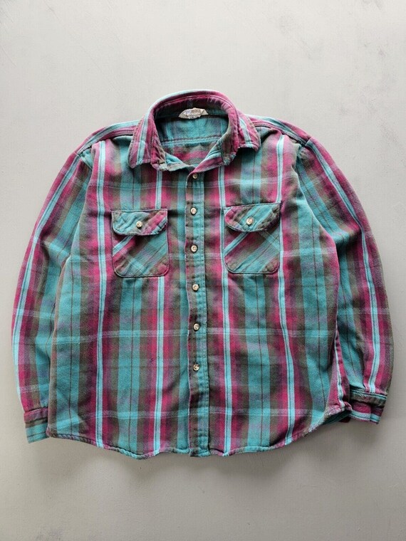 Vintage 1980s Five Brother Cotton Plaid Flannel Shirt XL Made in 