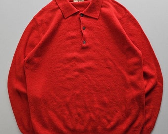 Vintage 1960s Ashley's Rote Wolle & Angora Langarm Polo Shirt Made In Italy M