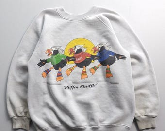 Vintage 80s Puffin Shuffle Grey Crewneck Sweatshirt Hanes Bird Nature Small