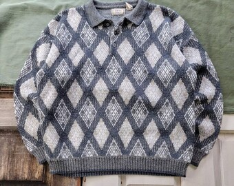 Vintage 1990s Bugle Boy Company Grey Argyle Acrylic Knit Sweater L