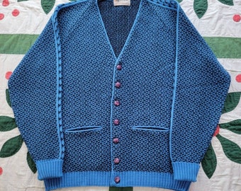 Vintage 1970s Warren-Knit Wool Blend Blue Cardigan Knit Sweater sz L