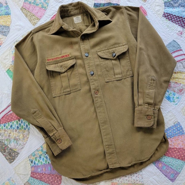 Vintage 1940s BSA Boy Scouts Of America Khaki Twill Uniform Shirt Metal Buttons
