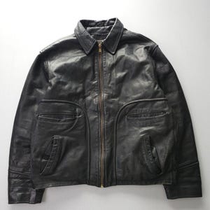 Giacca in pelle nera vintage anni &#39;90 Leather Village Biker Motorcycle 4 tasche XL