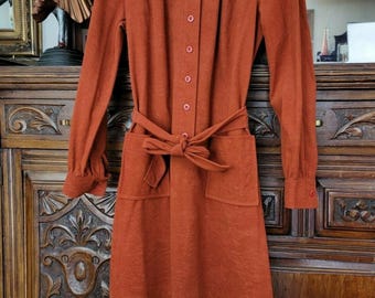 May include: A long-sleeved, rust-colored dress with a button-up front and a matching belt. The dress has two large pockets on the front and a gathered bodice.