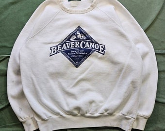 Vintage 80s Beaver Canoe Omer Stringer White Crewneck Sweatshirt Canada L