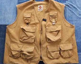 Vintage 1970s Columbia Fishing Vest Beige Canvas Duck Cloth Full-Zip XL