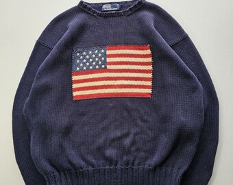 VTG 1990er Polo Ralph Lauren USA Flagge Pullover Herren XL Baumwolle Strick Marineblau