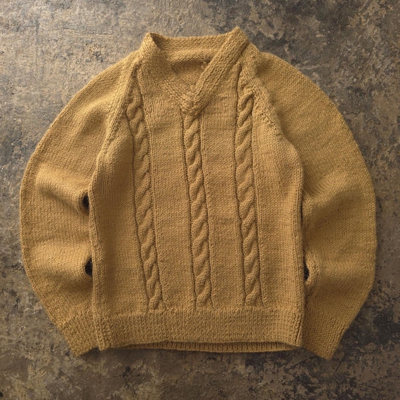 Vintage 1940s Beige Cable Knit V-Neck Sweater S Wool Chunky Hand Knit