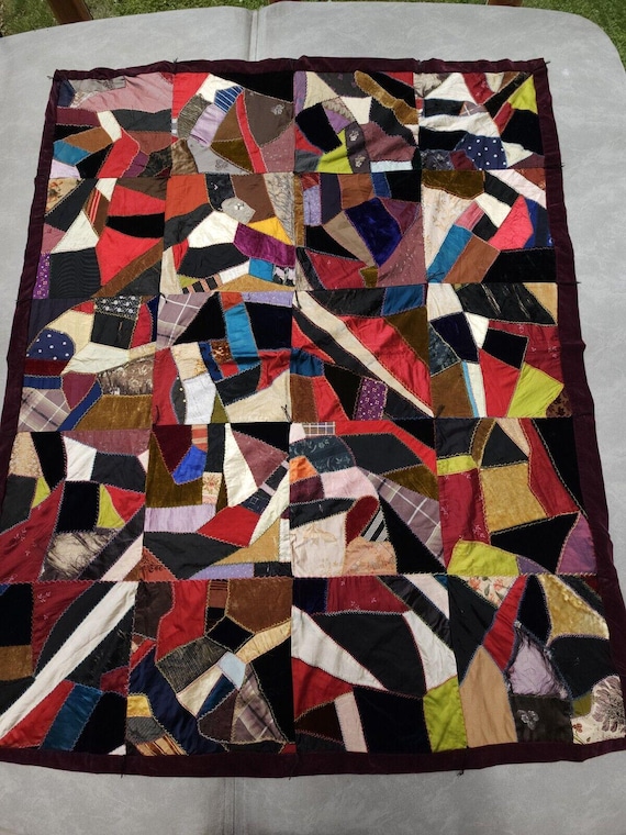 アンティーク 20 世紀 シルク クレイジー キルト パッチワーク