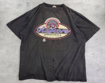 Vintage Toronto Raptors Black Faded T-shirt 90s Distressed NBA sz L