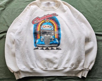 Vintage 90s A&W Cruisin' Hot Rod Diner White Crewneck Sweatshirt Jerzees XL