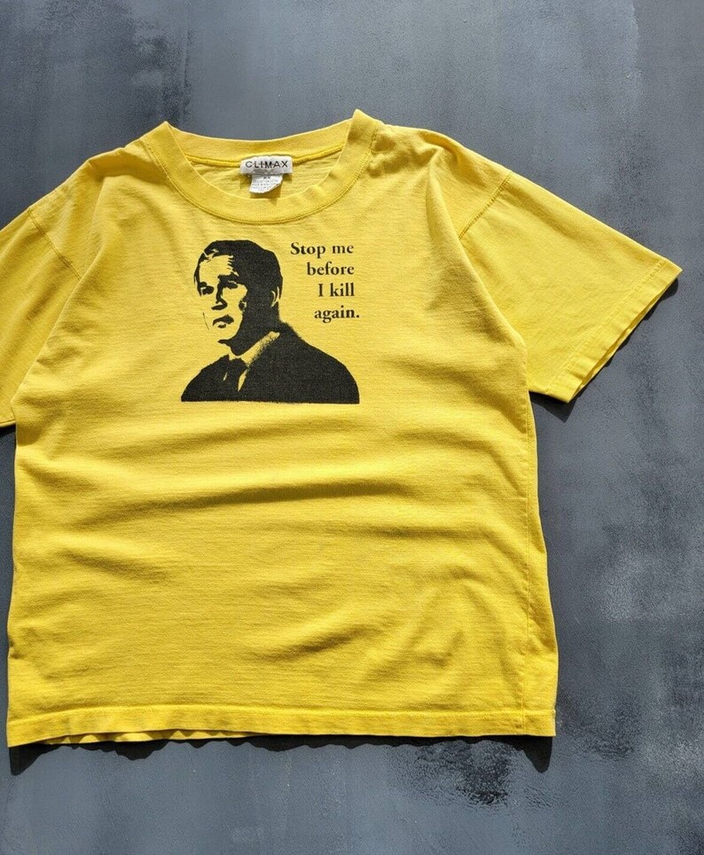 Vintage George Bush Stop Me Before I Kill Again Yellow T-shirt 2000s Y2K M image 1