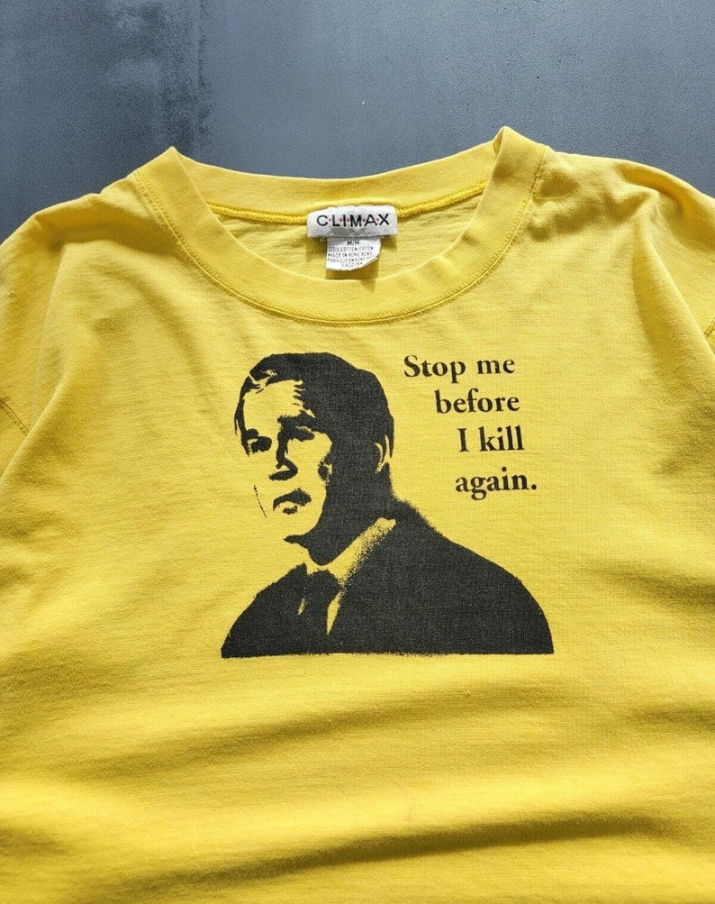 Vintage George Bush Stop Me Before I Kill Again Yellow T-shirt 2000s Y2K M image 3