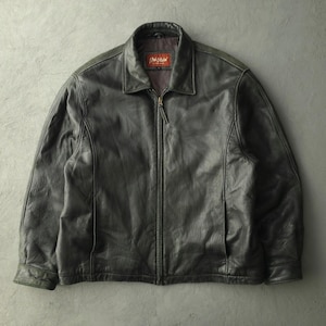 May include: A dark charcoal grey leather jacket featuring a full-length front zip, a standard collar, and long sleeves with buttoned cuffs. The interior neck label displays the text J. Park Collection in white on a red rectangular background.