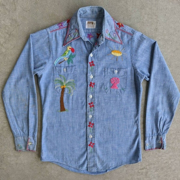 Vintage 1970s Montgomery Ward Custom Hand Embroidered Psychedelic Chambray Shirt