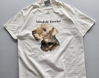 T-shirt blanc chien Airedale Terrier vintage des années 90 Lee Made In USA L