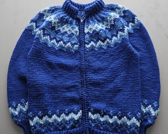 Vintage 1970s Handmade Blue Nordic Style Chunky Knit Wool Cardigan Sweater L