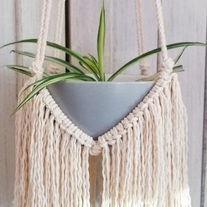 May include: A hanging planter featuring a light gray bowl-shaped pot held by a cream-colored macrame cord structure. The macrame design includes intricate knotted patterns and long, loose fringe hanging down from the base of the ceramic pot.