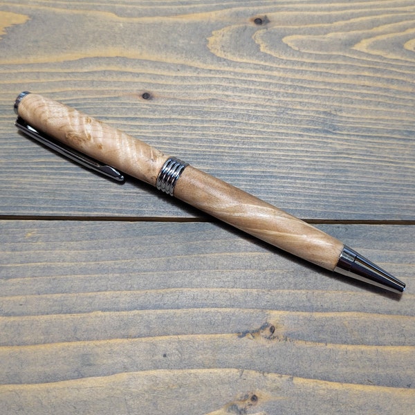 Artisan maple wood burl pen, streamlined style office pen with silver chome trim