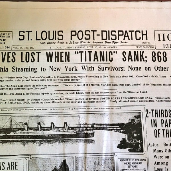 St. Louis Post Dispatch April 16, 1912 Replica Newspaper Titanic Sinking