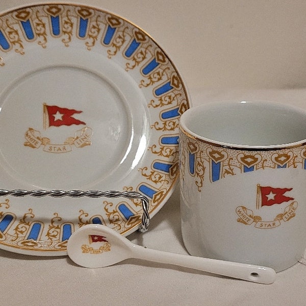 RMS Titanic 1st Class Wisteria 6 Oz Coffee Cup Saucer & Spoon with Gold Trim