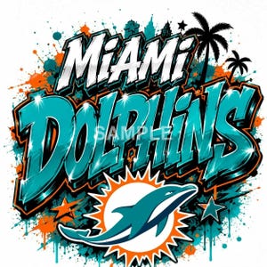 May include: A graphic design featuring the text MIAMI DOLPHINS in a bold, teal and white graffiti-style font. Below the text is a circular orange sunburst emblem with a teal dolphin silhouette. The background includes palm trees and orange paint splatters.